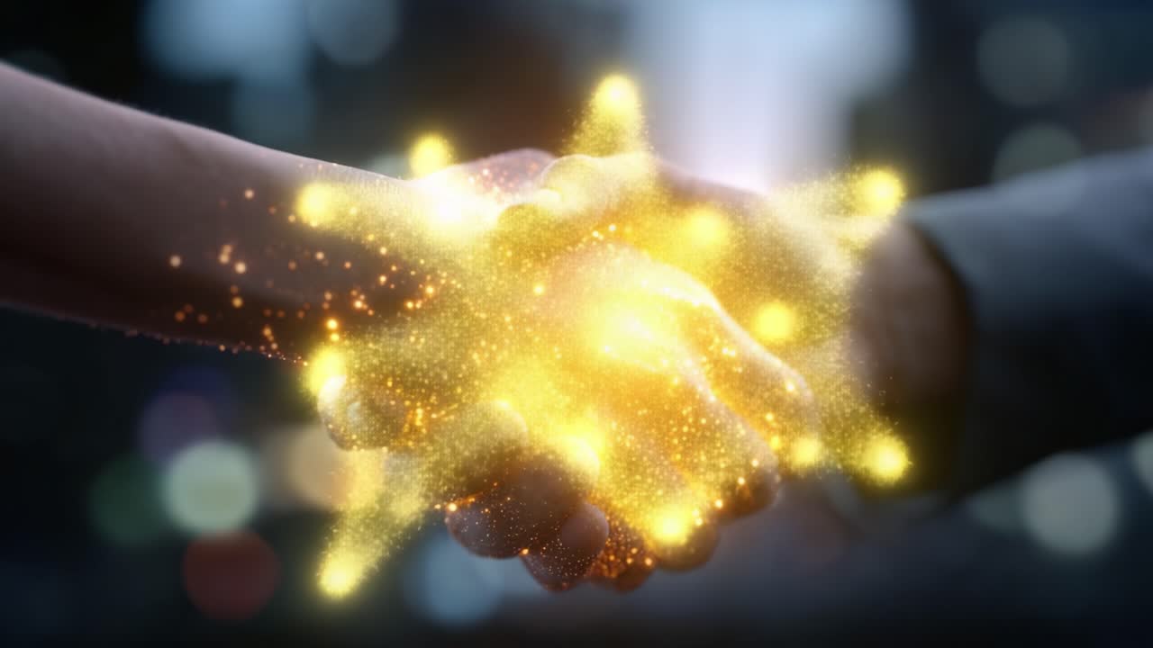 A symbol of unity and collaboration, two hands shake amidst a sparkling glow, representing partnership, trust, and mutual agreement in a vibrant setting