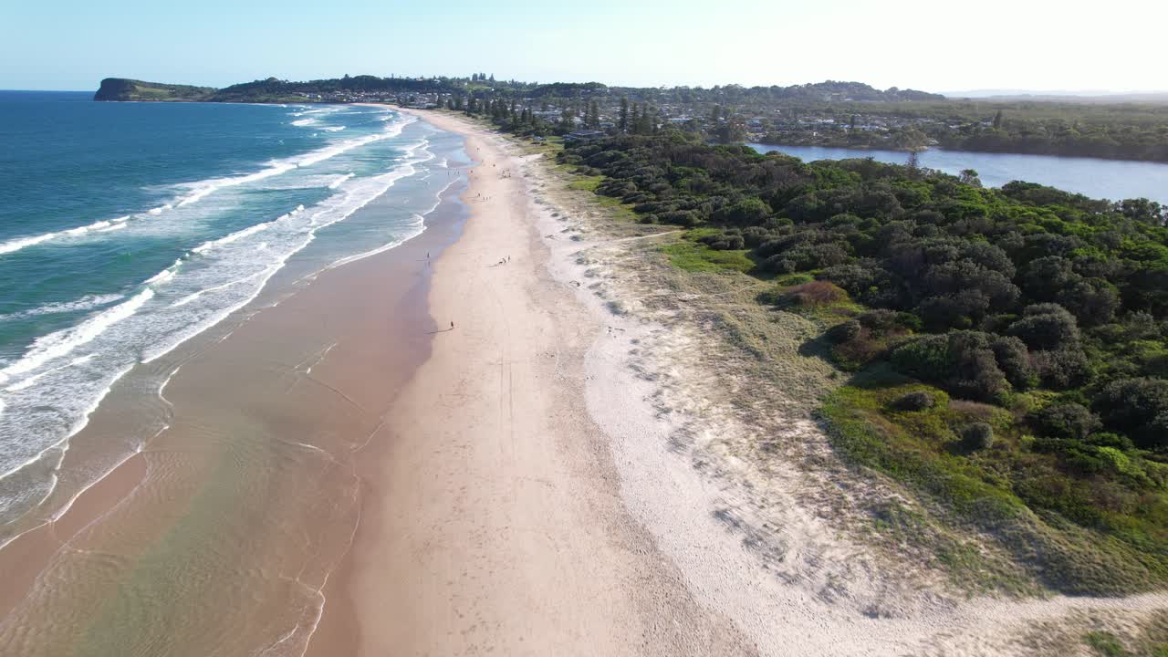 Seven Mile Dog Beach With Lake Ainsworth On Coast. Lennox Head In New South Wales, Australia. aerial shot