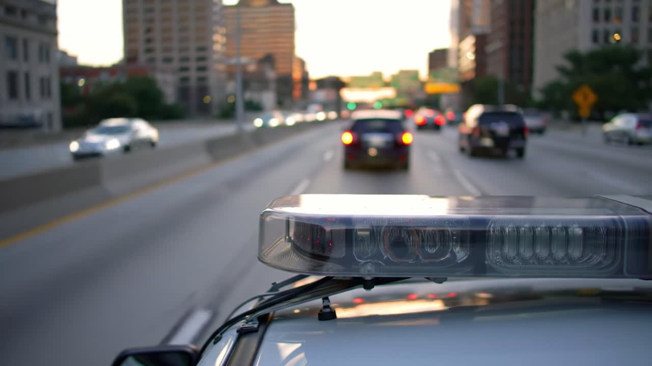 A police vehicle is positioned in the foreground while emergency lights flash. The scene captures busy city traffic moving ahead during a beautiful sunset, highlighting the urgency of the moment.