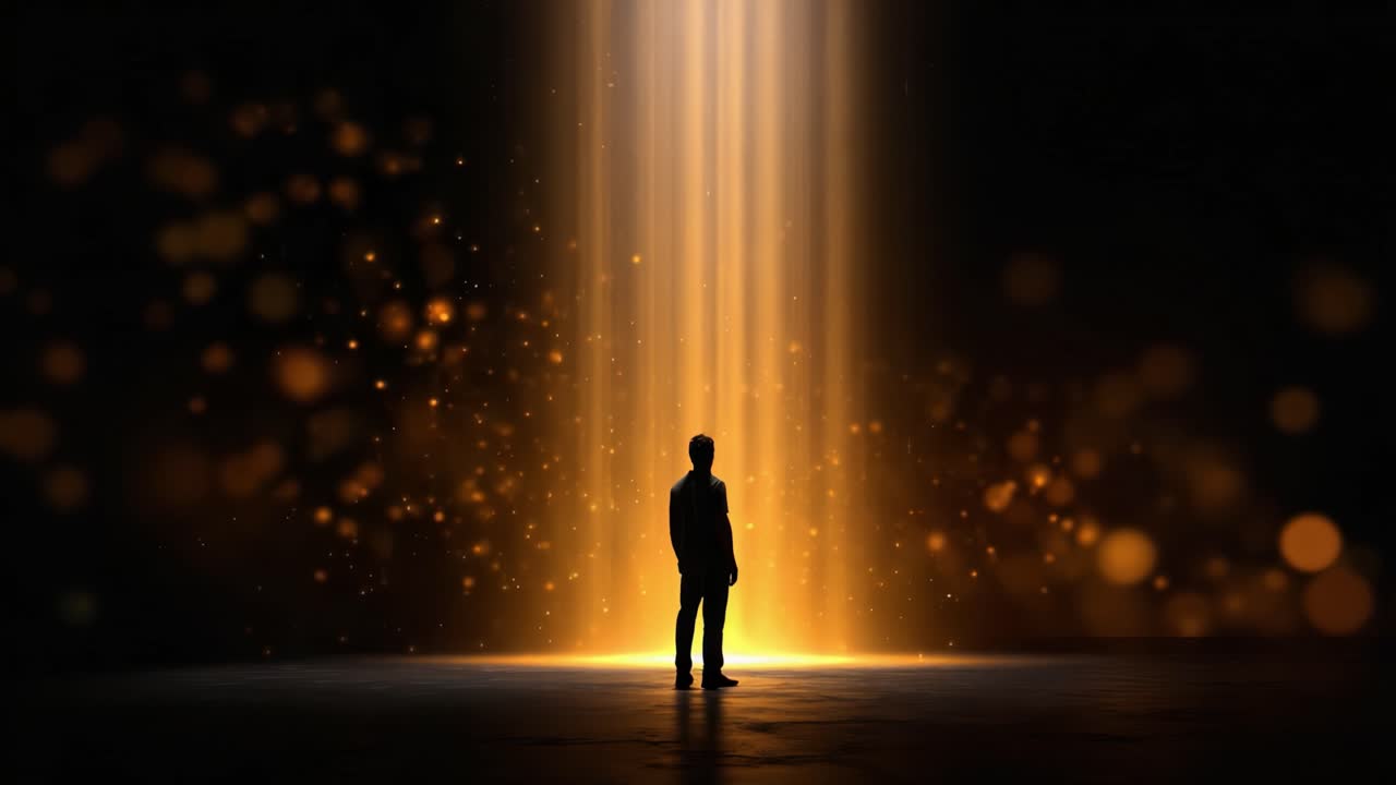 Una figura solitaria en un foco dorado rodeada de luces bokeh suaves que iluminan un escenario oscuro, evocando emoción y misterio en la escena