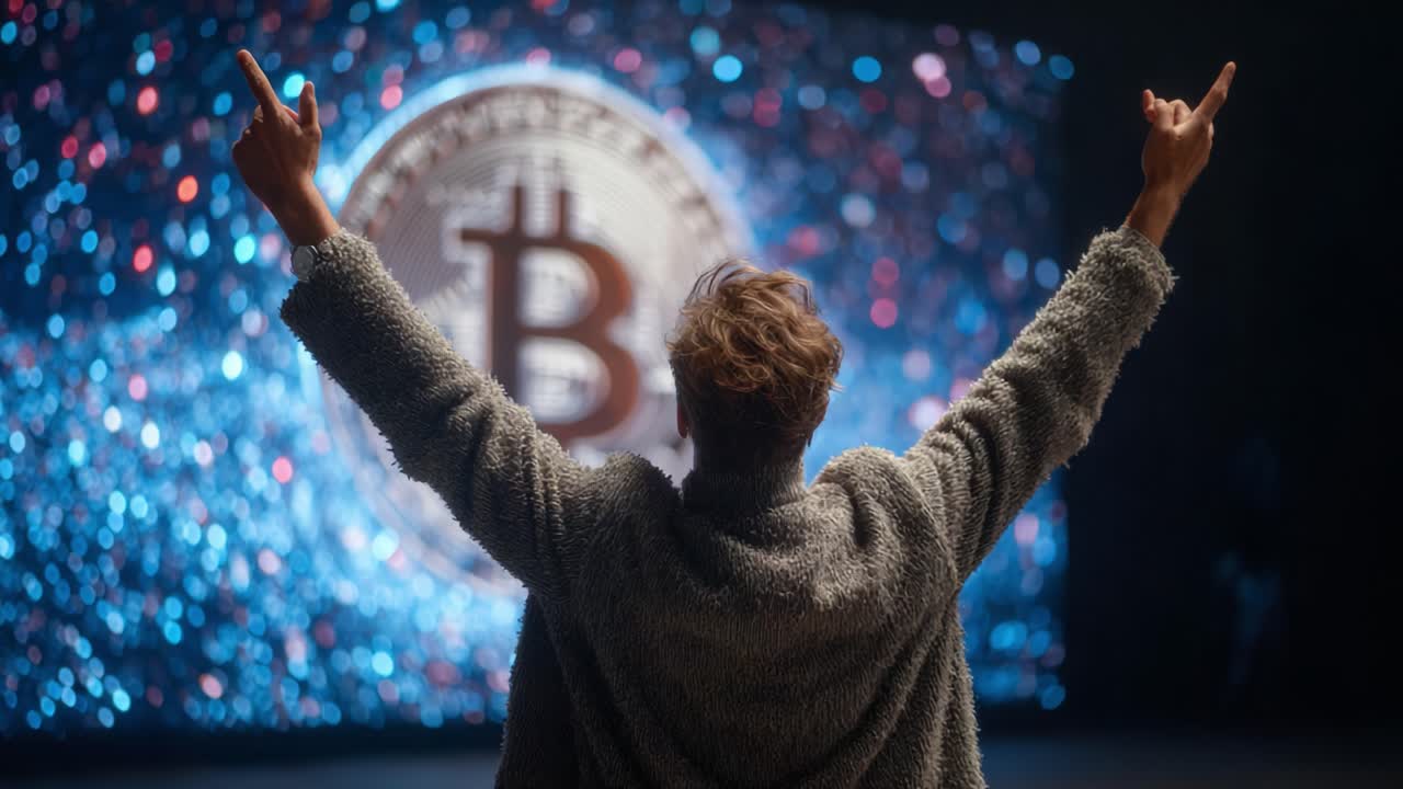 Celebrating Cryptocurrency: A Person in a Cozy Sweater Raises Their Arms Exultantly in Front of a Colorful Bitcoin Display, Signifying Triumph in the Digital Currency Realm