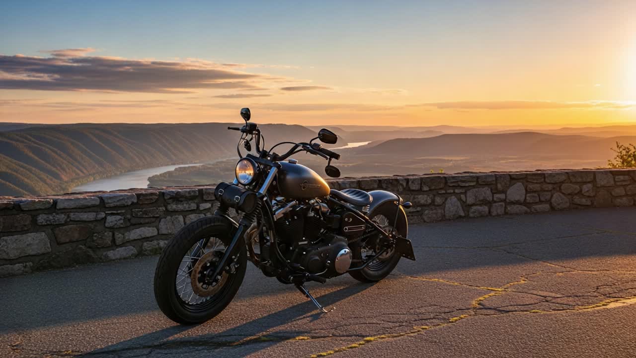 Stunning Sunset View with a Classic Motorcycle Against a Scenic Landscape: The Perfect Setting for Adventure and Exploration
