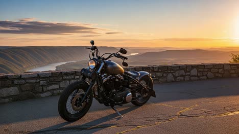 stunning sunset view with a classic motorcycle against a scenic landscape: the perfect setting for adventure and exploration