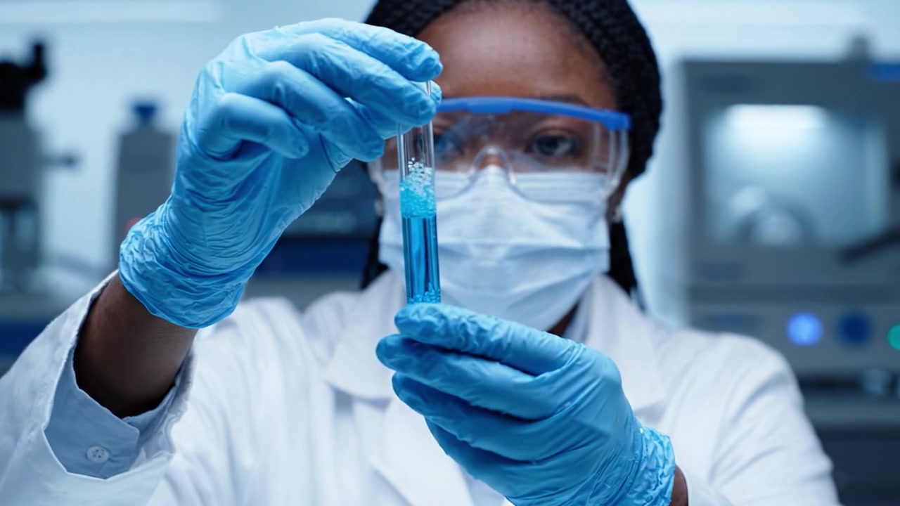 Un scientifique concentré mène des expériences dans un laboratoire moderne, analysant des échantillons liquides avec précision et soin, éclairé par un équipement de pointe