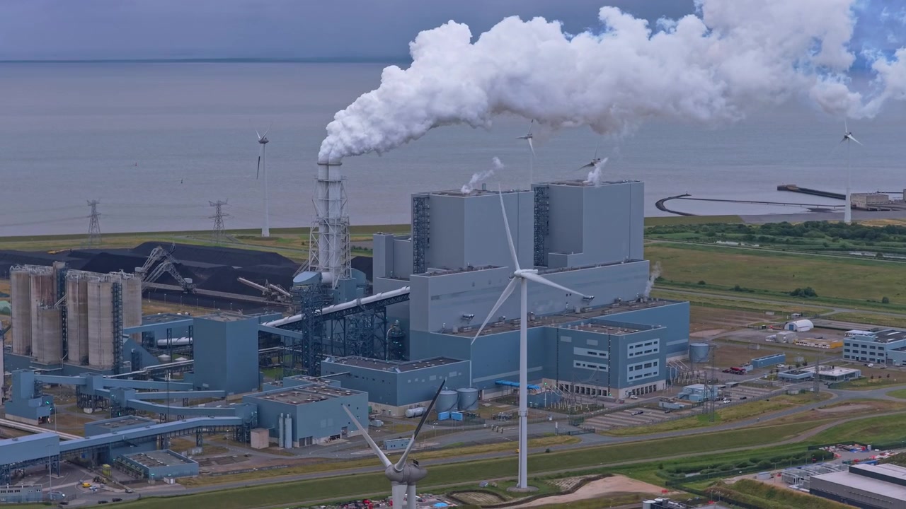 Aerial view of eemshaven power plant and data center in netherlands