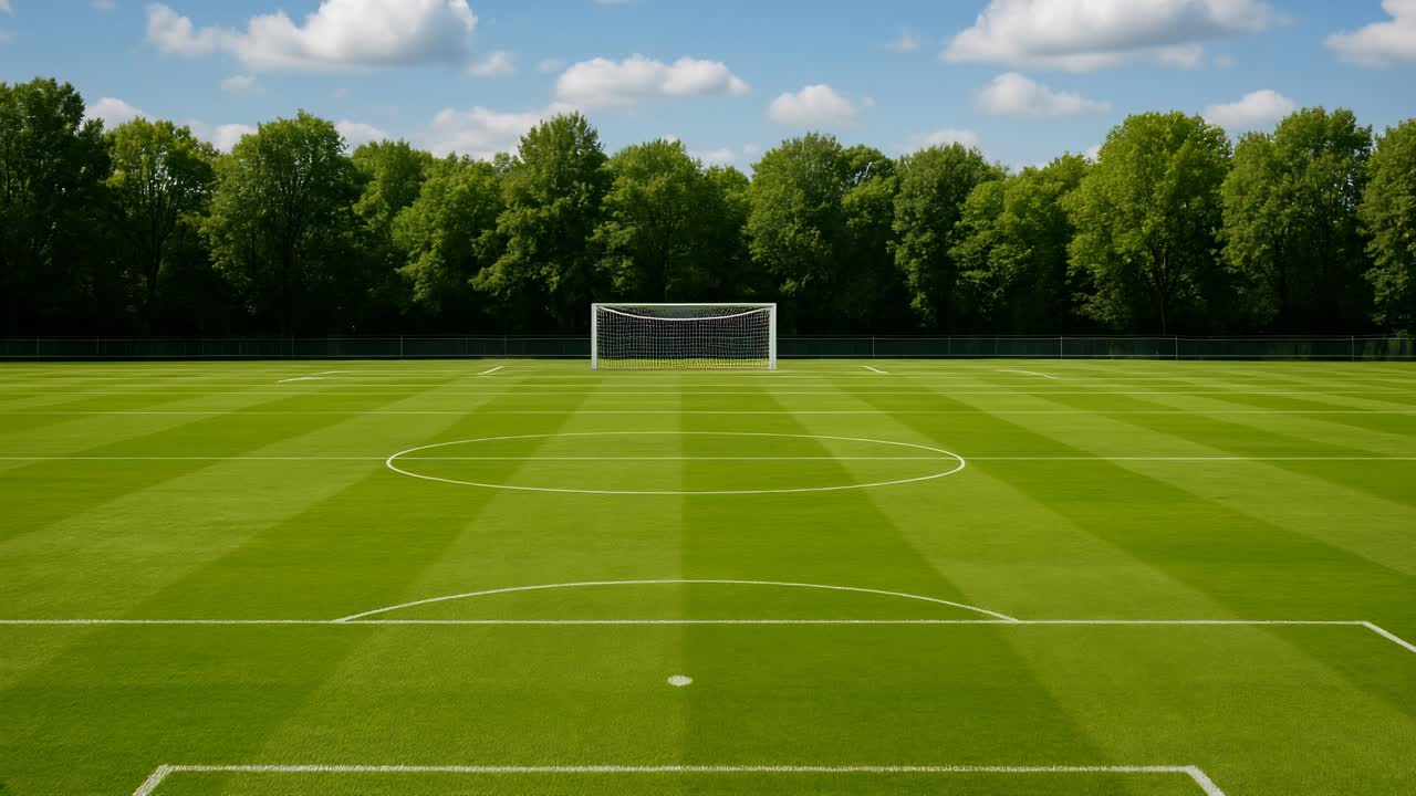 Visão grande angular de um campo de futebol vazio com grama verde exuberante e uma trave, perfeito para esportes