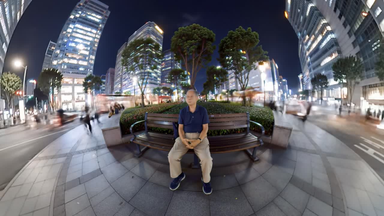 A man sits calmly on a bench in an urban area filled with night lights and busy pedestrians. The surrounding skyline features modern buildings and vibrant city energy.