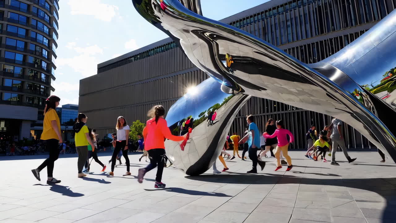 City Plaza with Children and Modern Sculpture