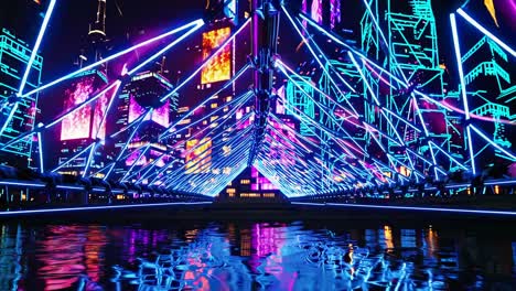 neon cyberpunk city bridge at night