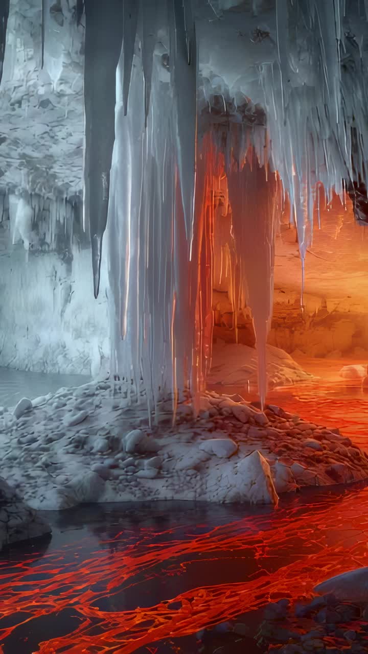 Vertical video: Camera tilting into ice cave, showing molten lava river flowing beneath stalactites