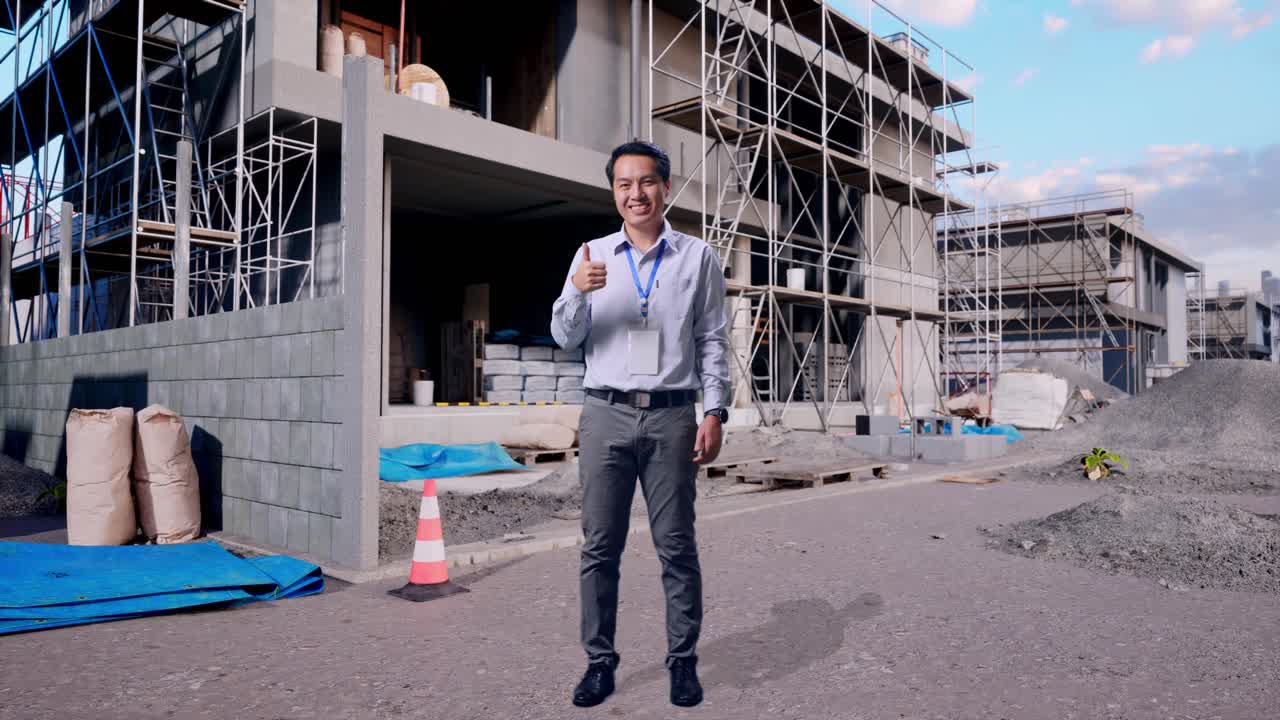 Primer plano de cuerpo entero de un trabajador profesional asiático de pie en una obra en construcción de una nueva casa, sonriendo ampliamente a la cámara y levantando el pulgar.