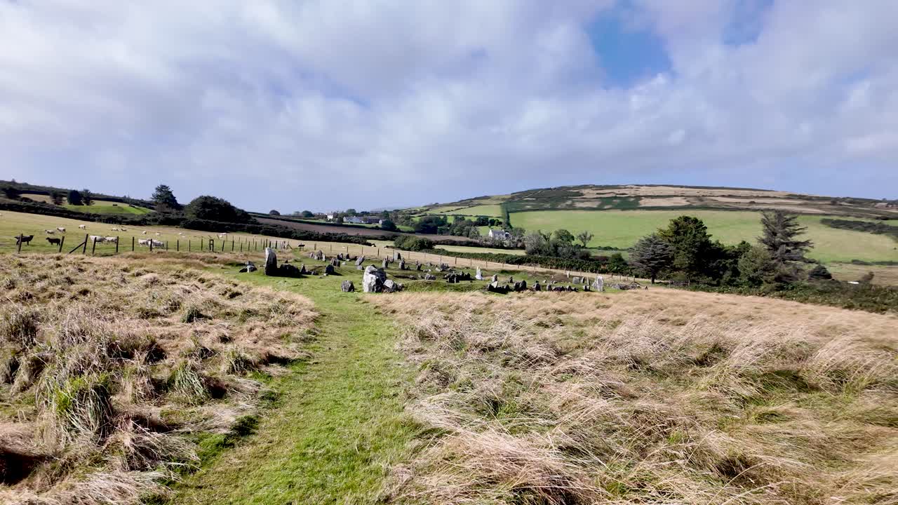 The Braaid circular stone ruins representing ancient Iron Age and Norse longhouses on Isle of Man