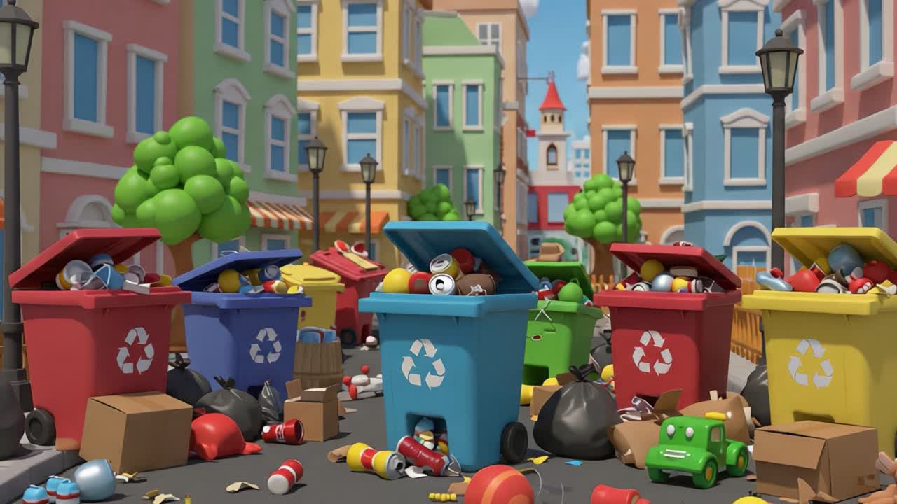 A Colorful Street Scene Illustrating Waste Management Challenges with Overfilled Recycling Bins Amidst a Vibrant Urban Environment Filled with Garbage and Toys