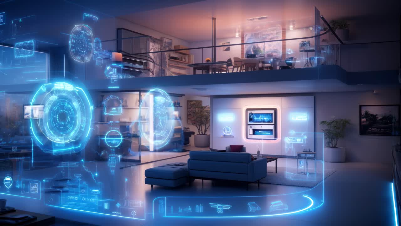 Futuristic smart home interior with holographic interfaces, captured from a wide-angle view
