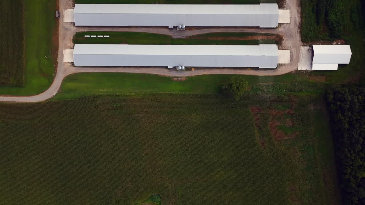 una vista de arriba hacia abajo de ocho edificios agrícolas paralelos con techos metálicos
