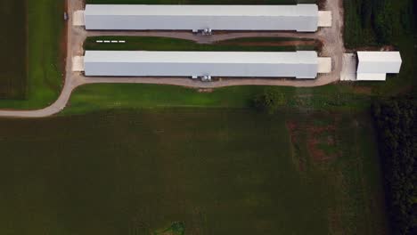 Una-Vista-De-Arriba-Hacia-Abajo-De-Ocho-Edificios-Agrícolas-Paralelos-Con-Techos-De-Metal