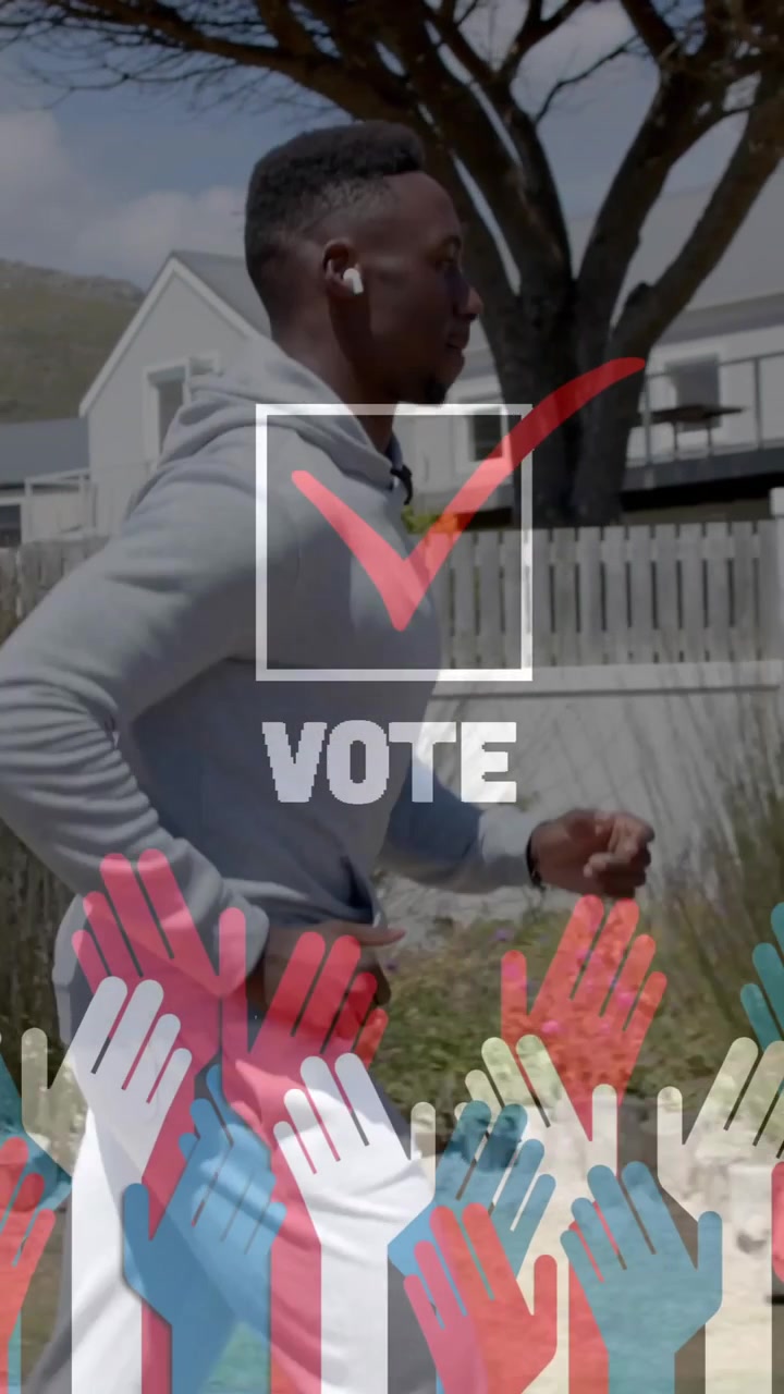 Running in neighborhood, person with VOTE text and checkmark animation over colorful hands