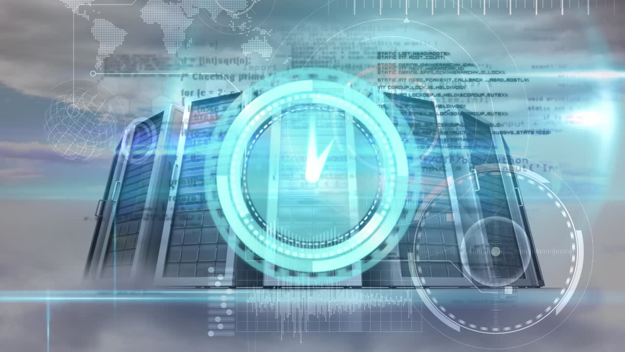 Animation of clock, data processing and servers over clouds
