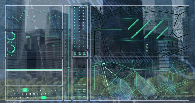 Animation of cityscape over data processing