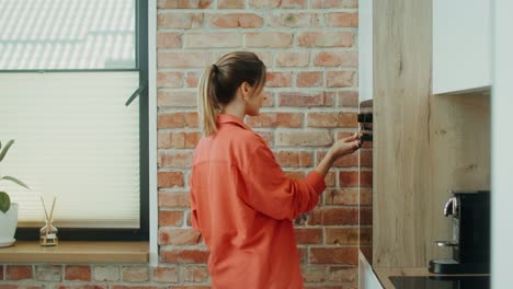 mujer limpiando el horno en la cocina