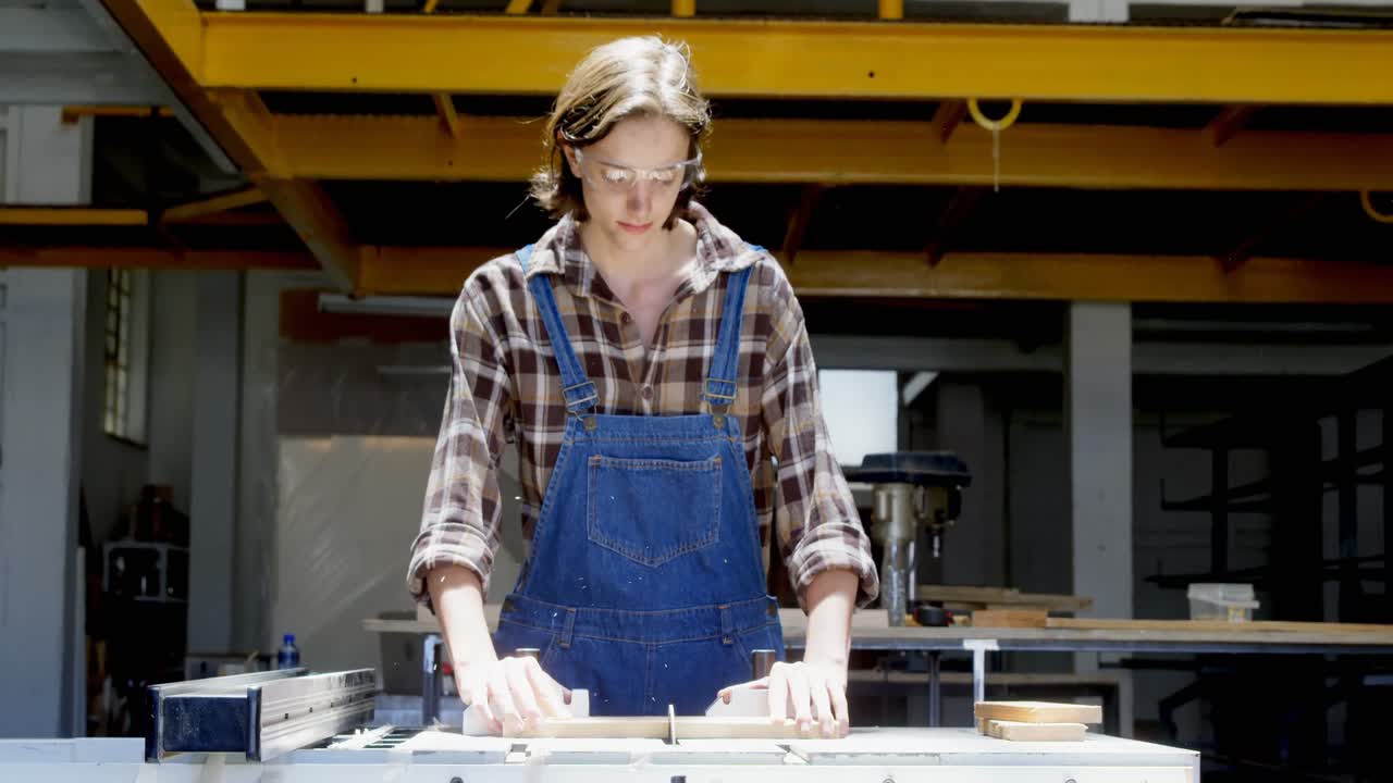 Female welder using table saw on a wooden plank in workshop 4k