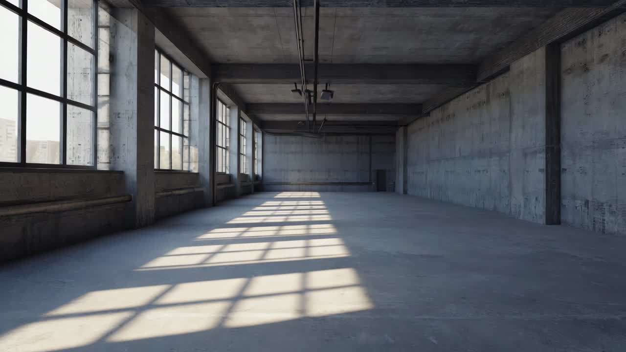 Spacious industrial loft with towering concrete walls, expansive windows flooding interior with natural sunlight, revealing architectural minimalism and urban design potential