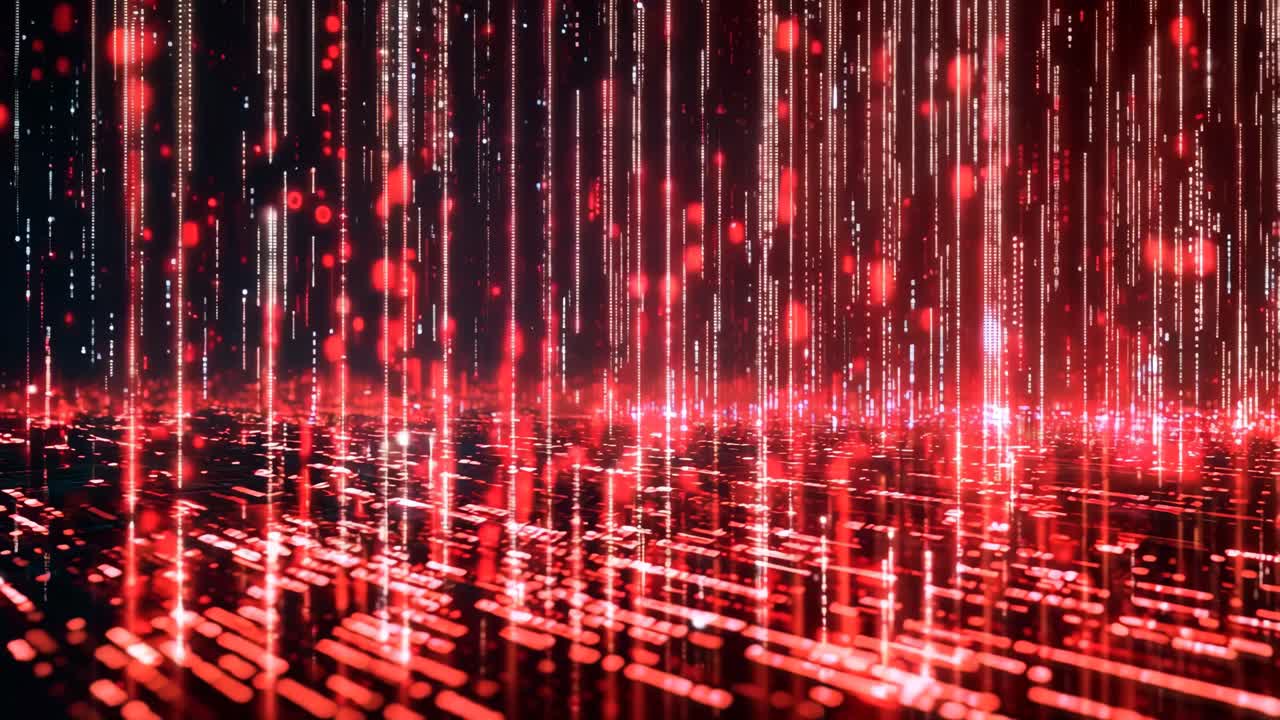 A red background with a lot of red and blue lights. The lights are in a pattern and are scattered throughout the background