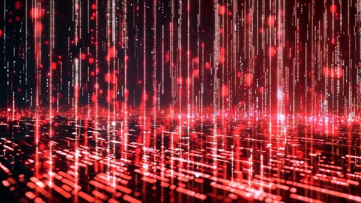 A red background with a lot of red and blue lights. The lights are in a pattern and are scattered throughout the background