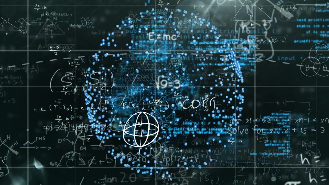 Rotating spherical blue point cloud starting, revealing equations, code and data streaks in HUD