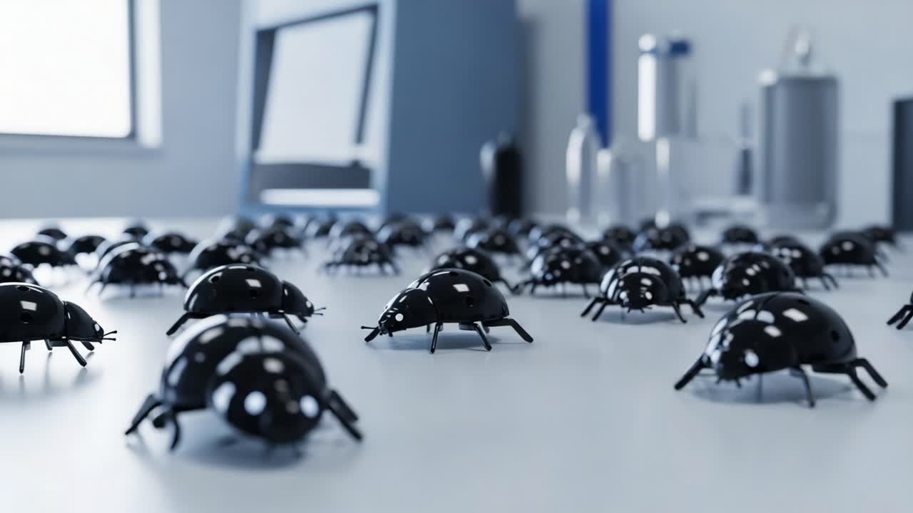 Exploring the Intricate World of Robotic Insects: A Close-up Look at a Colony of Black Ladybug-Inspired Creatures on a Laboratory Surface