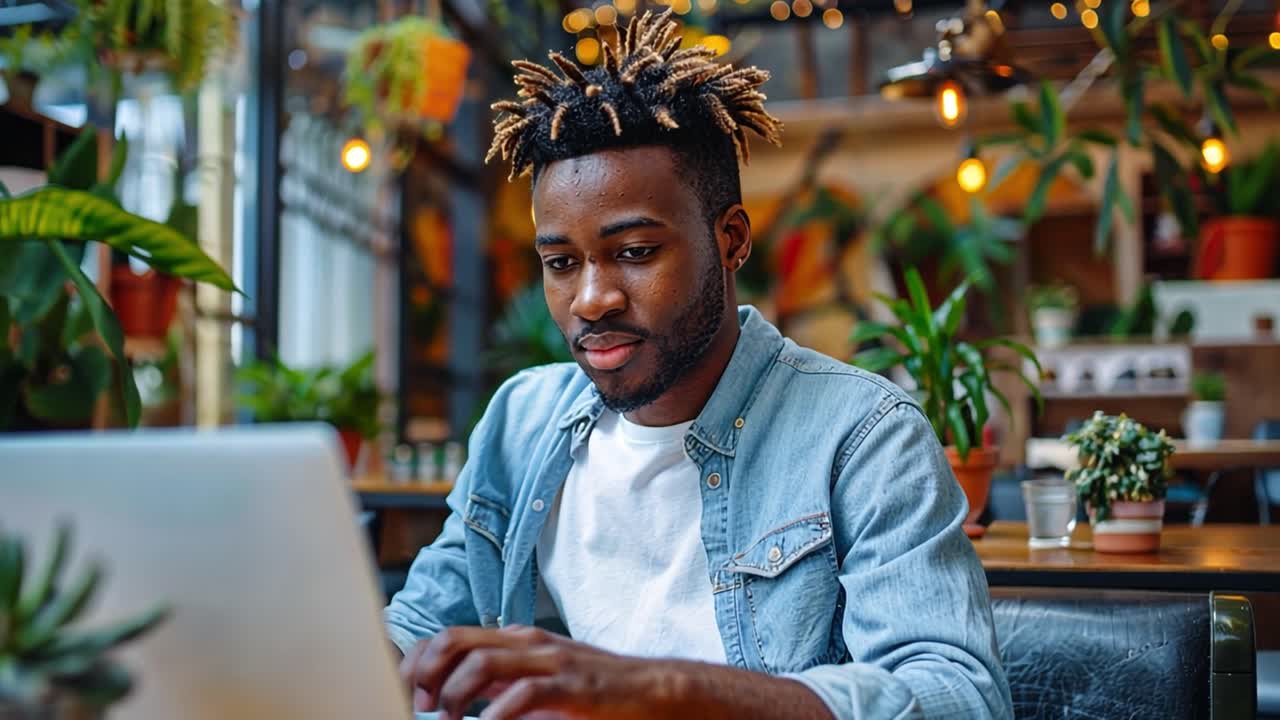 Young Black man working on a laptop in a cafe