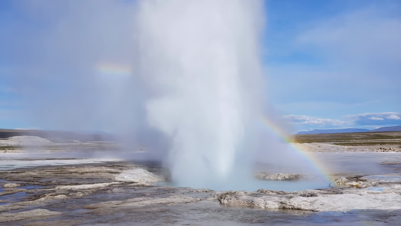 Voimakas geysir purkautumassa sateenkaaren kera geotermisessä maisemassa