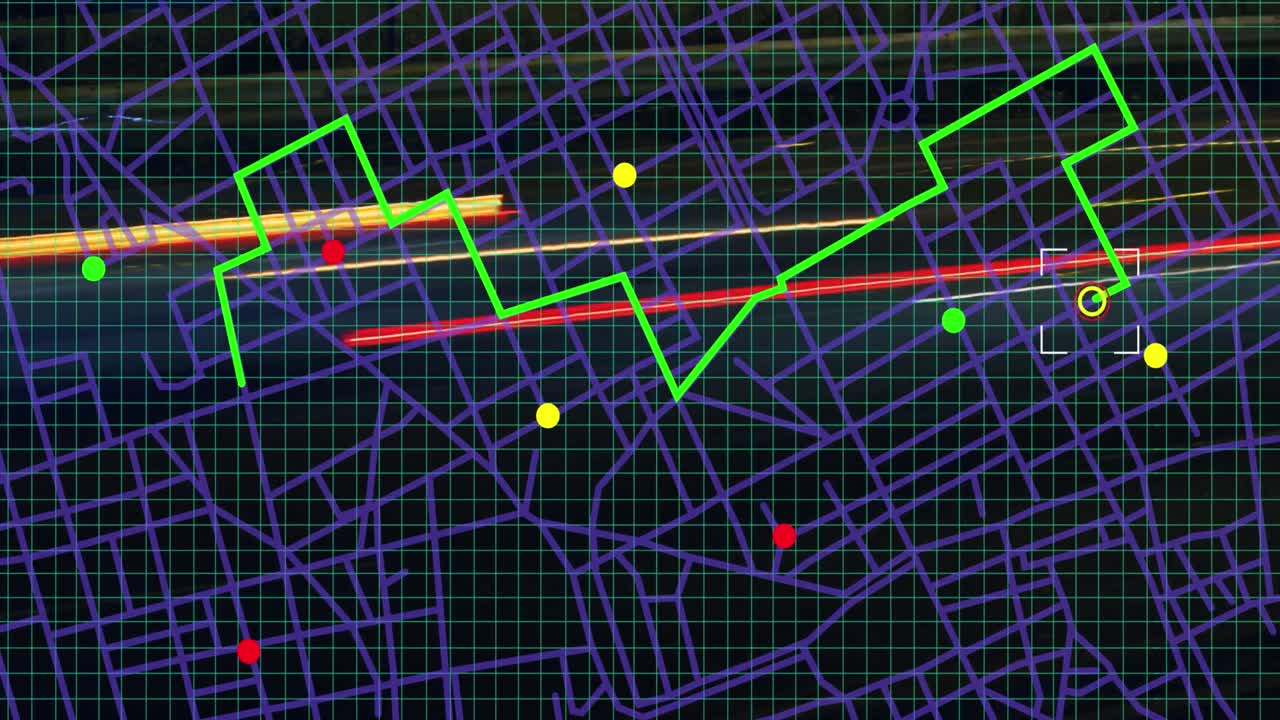 efecto de fallo sobre el esquema de líneas del mapa de navegación contra el tráfico nocturno de la ciudad