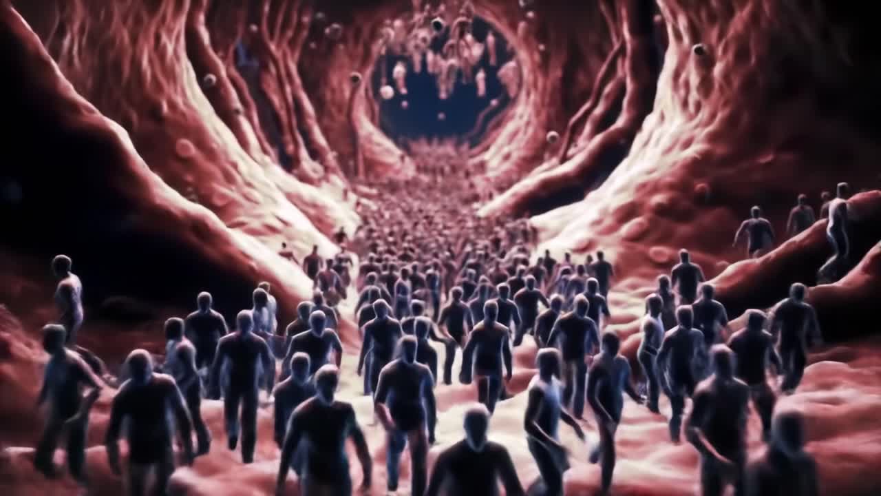 A surreal journey through a bloodstream where crowds of figures navigate through a network of vessels, symbolizing the flow of life and connection within the human body