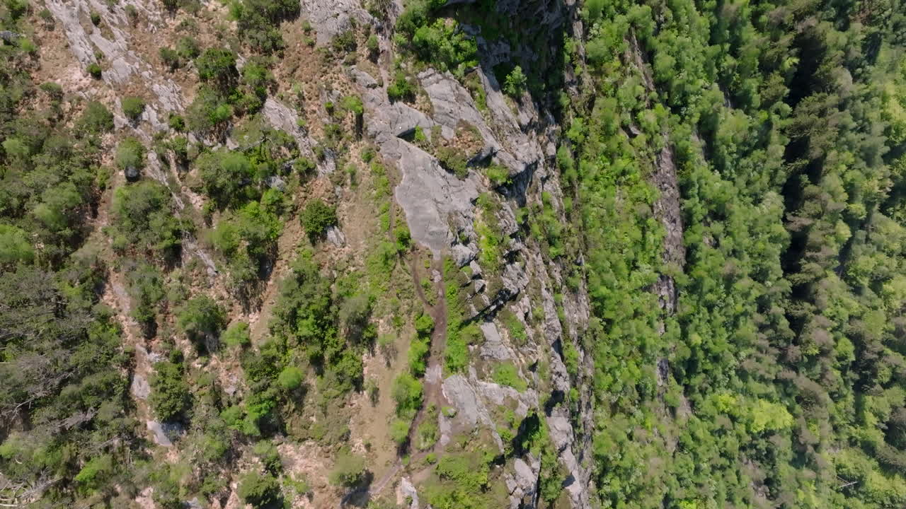 drone disparado mirando hacia abajo en la cumbre de stoltzekleiven y sandviksfjellet mostrando el acantilado escarpado y el bosque debajo