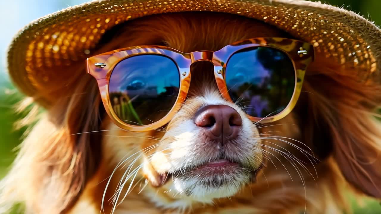 ein Hund, der einen Strohhut und eine Sonnenbrille trägt