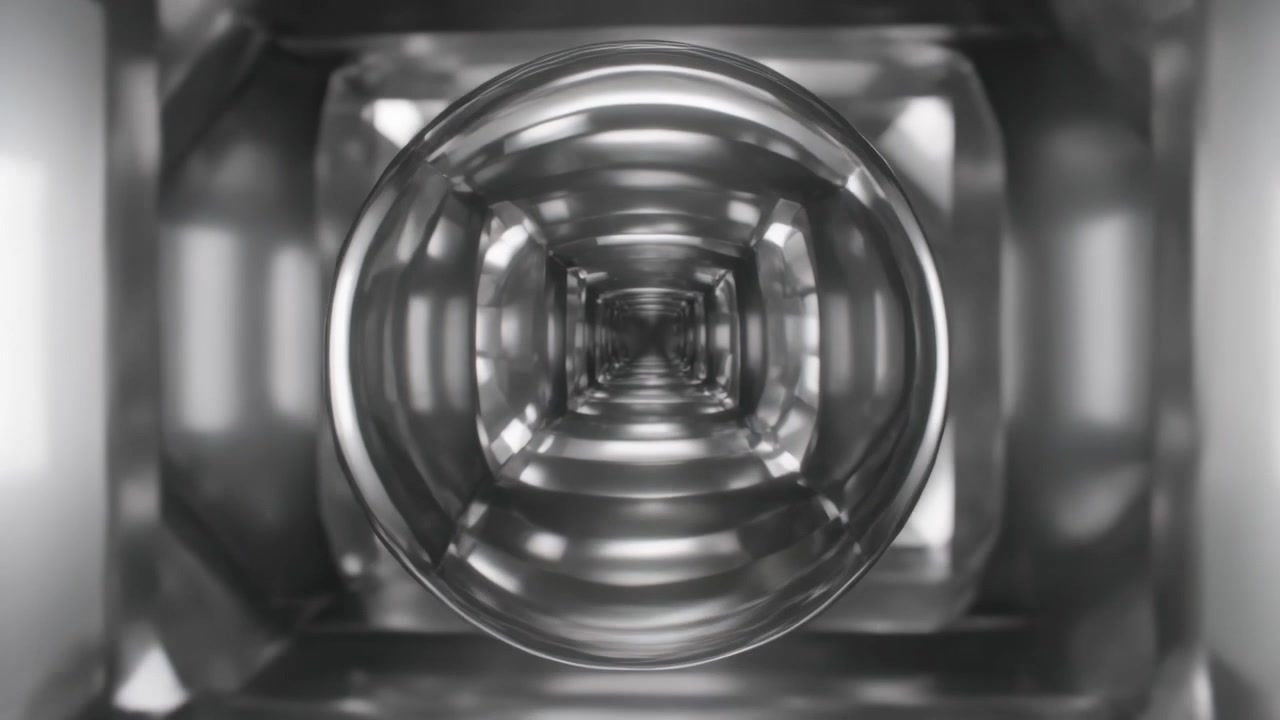 Tilting central shiny ring shifting glints inside square tunnel, bright panels suggesting motion