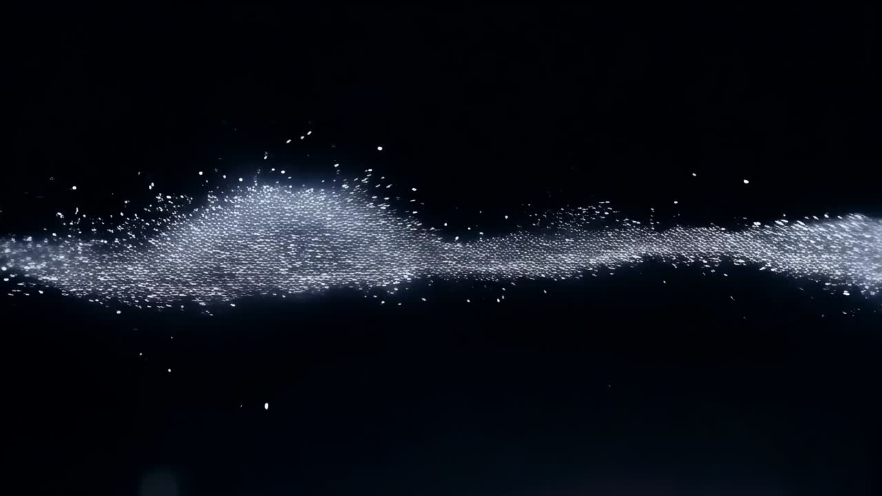 黒い空間で光り輝く水平な粒子のリボンが膨らみ、密度を上げながら、細片を放出します。