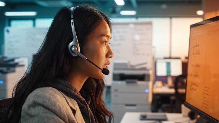 Professionista concentrato che usa le cuffie al computer in un ambiente d'ufficio moderno, impegnato nella comunicazione e nella risoluzione dei problemi, con schermi e tecnologia intorno