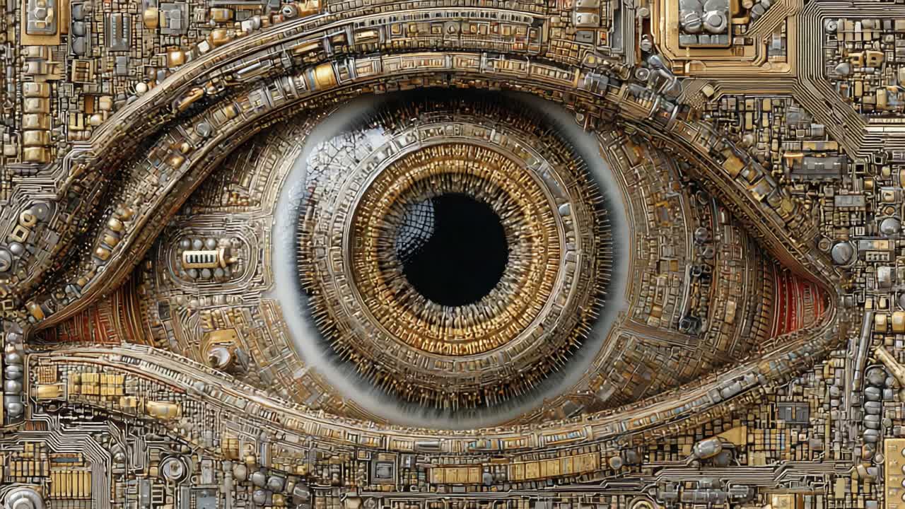 A Close-Up of a Highly Detailed Mechanical Eye, Merging Cybernetic Design with Intricate Electronic Patterns and Textures, Emphasizing Advanced Technology and Artistry