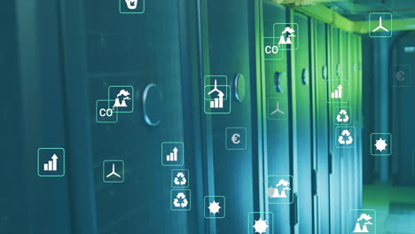 animation of multiple digital icons floating against computer server room