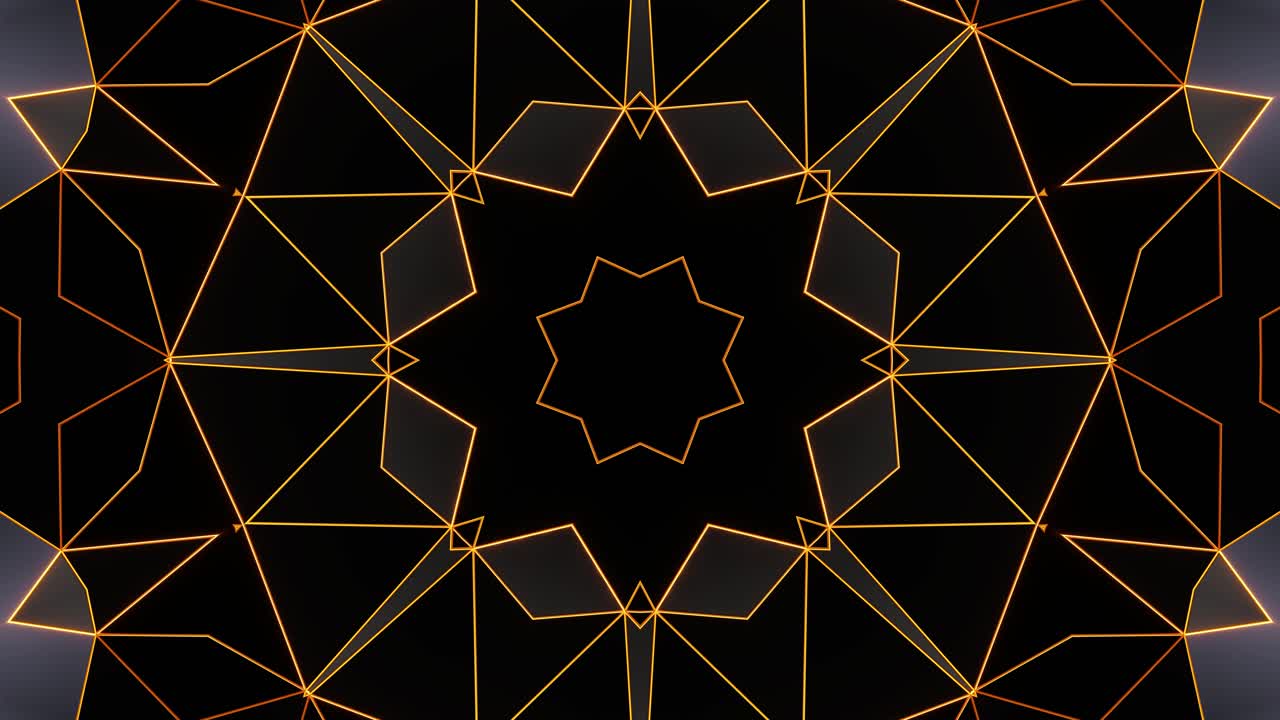 검은색과 노란색의 추상적인 배경과 별 모양의 칼레도스코프 vj 루프