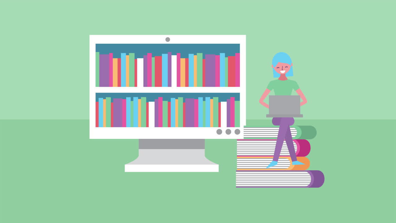 junge frau mit laptop und e-books charakter
