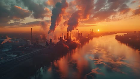 industrial complex at sunset emitting smoke over a river