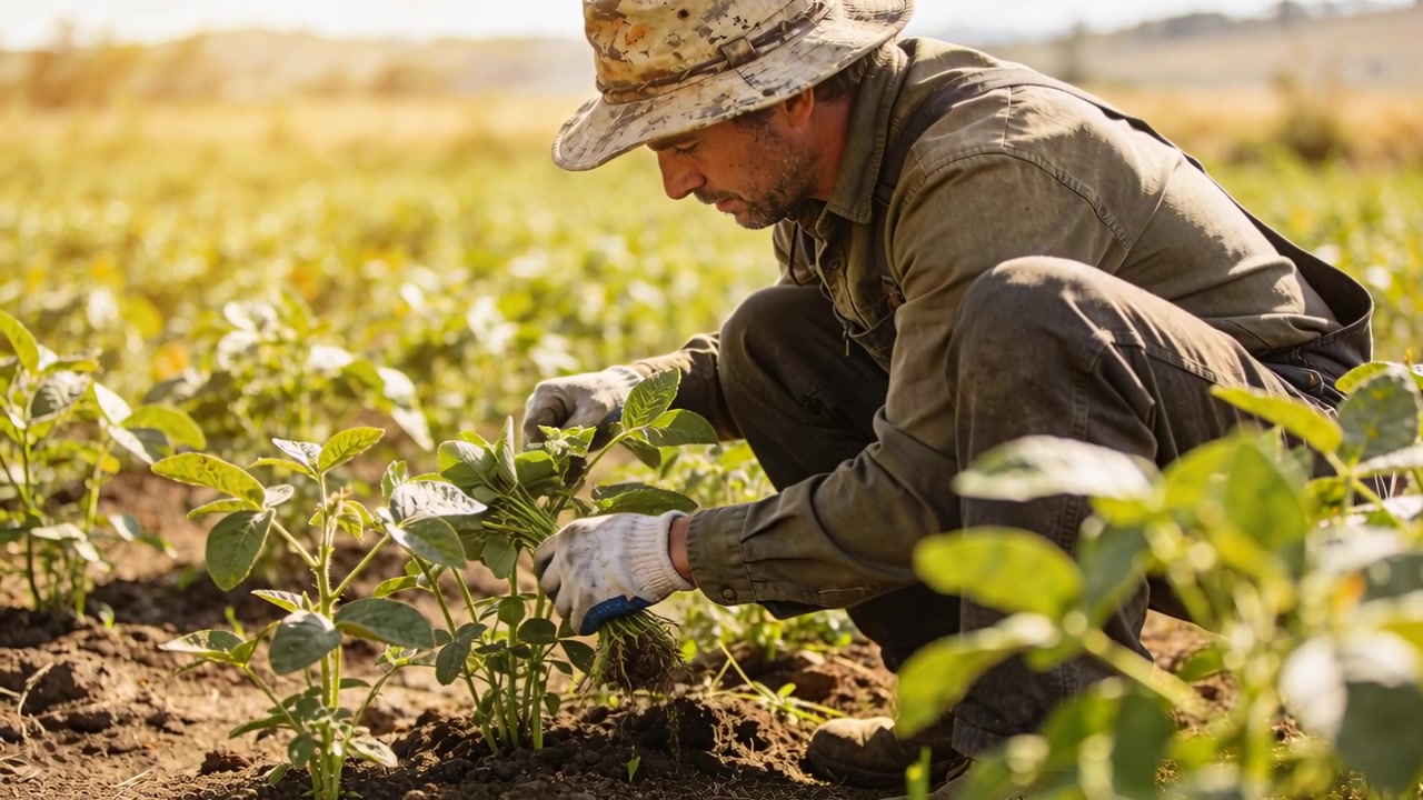 Agricultor inspeccionando una plántula, levantando y moviendo la planta en la granja, asegurándola con guantes y sombrero para el sol.