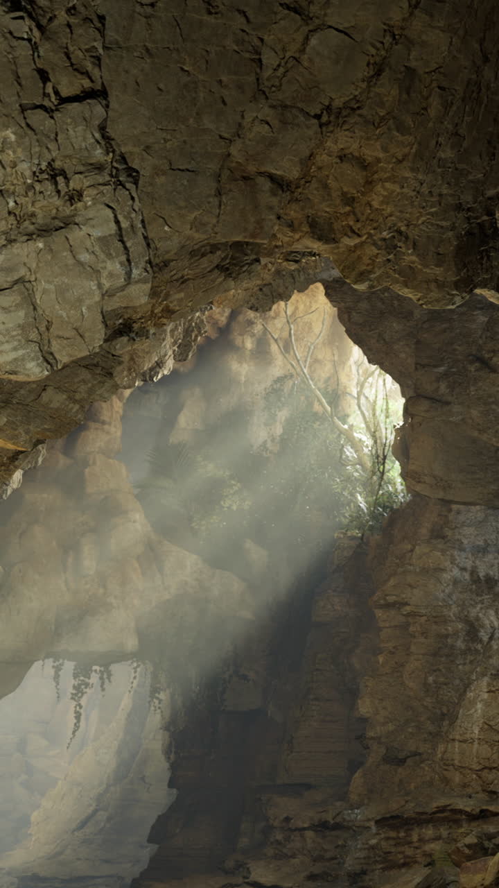 Raggi di luce brillano attraverso un'apertura di grotta con alberi e rocce in vista