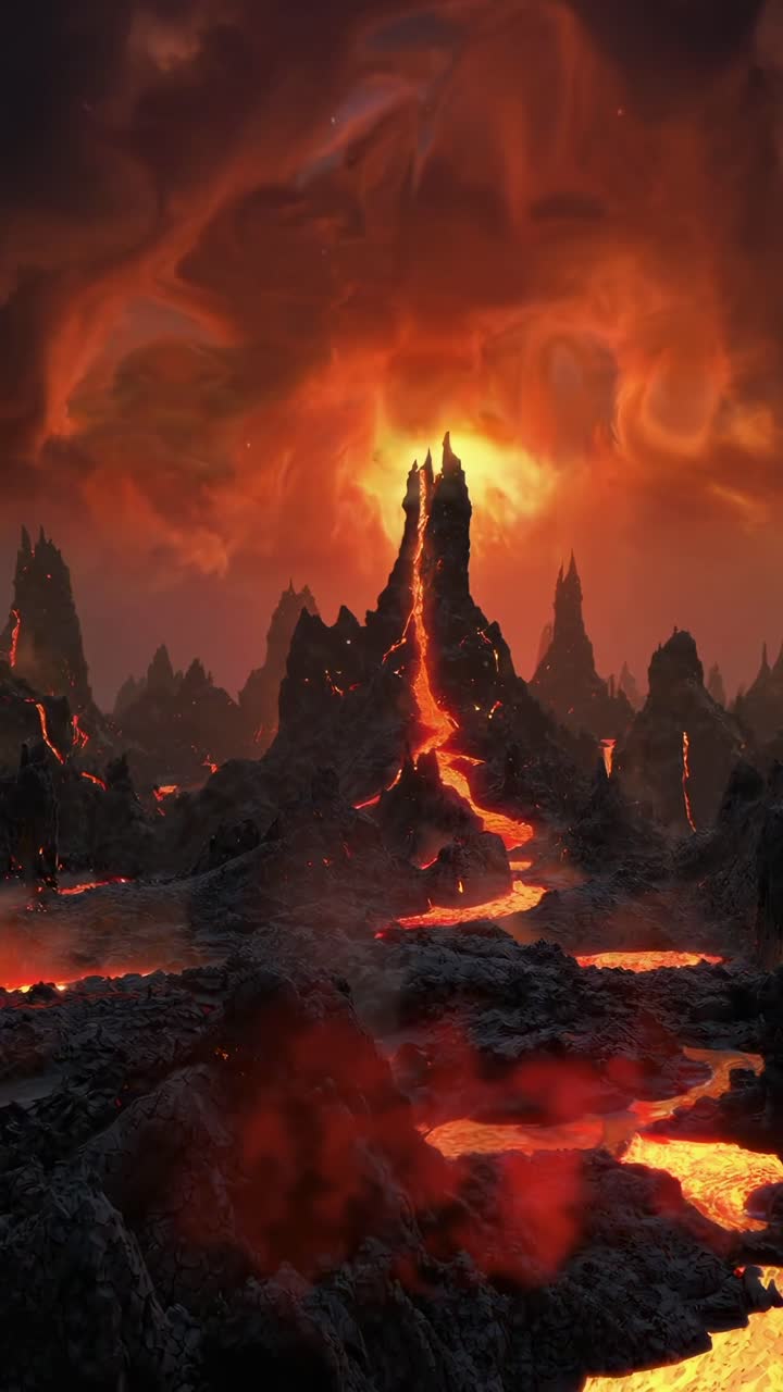 Epische Vulkanlandschaft mit Lavaströmen, aus der Froschperspektive aufgenommen