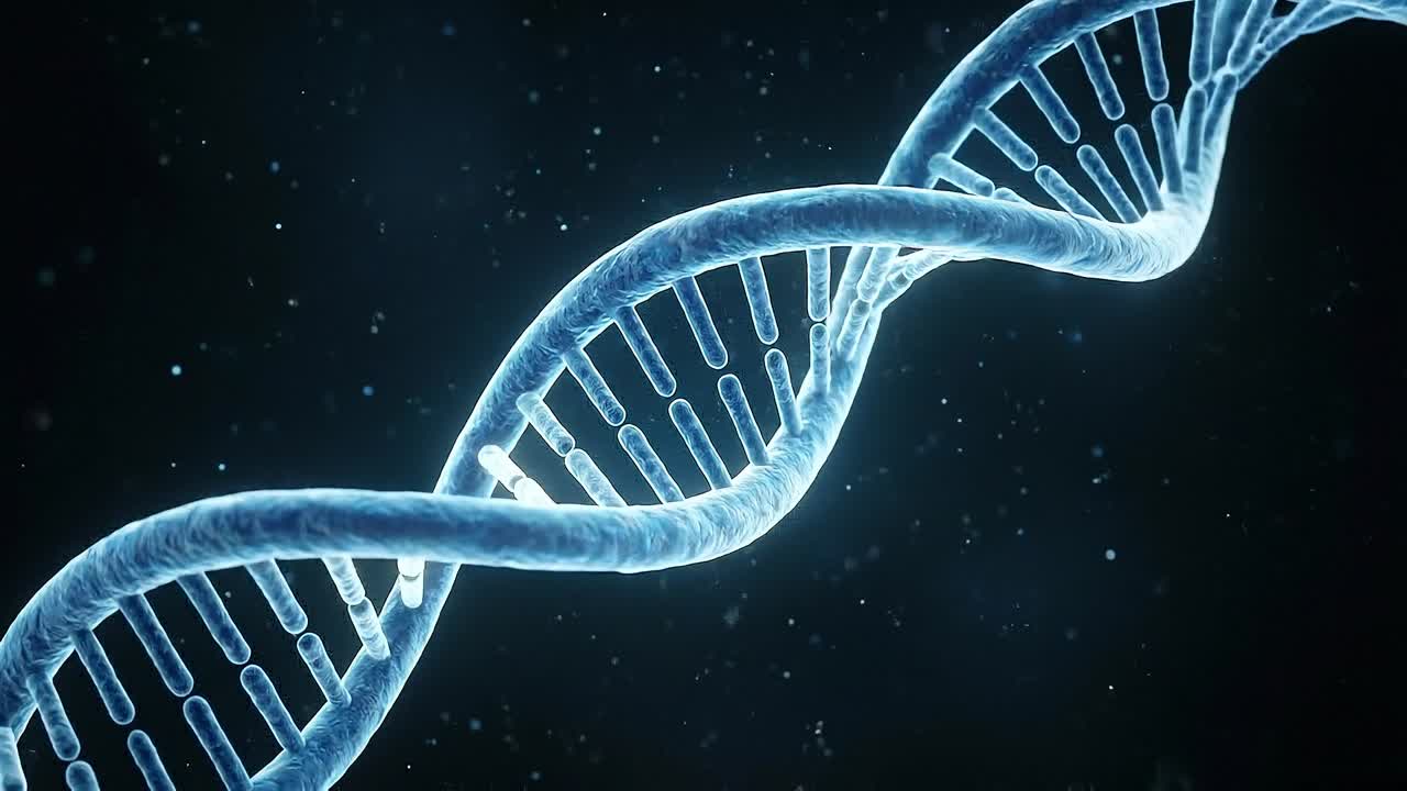 Struttura rotante della doppia elica del DNA blu con particelle luminose