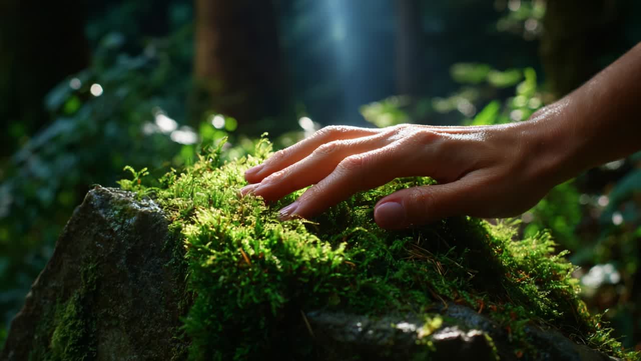 A Serene Encounter with Nature: A Gentle Hand Touches Lush Green Moss in a Tranquil Forest Setting, Illuminated by Soft Sunlight Filtering Through the Trees, Creating a Peaceful Atmosphere of Connection