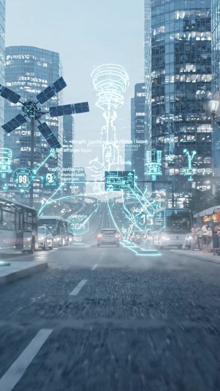Una strada urbana futuristica brulicante di veicoli autonomi e semafori intelligenti tra imponenti grattacieli illuminati dalle luci ambientali della città in una metropoli abbagliante.